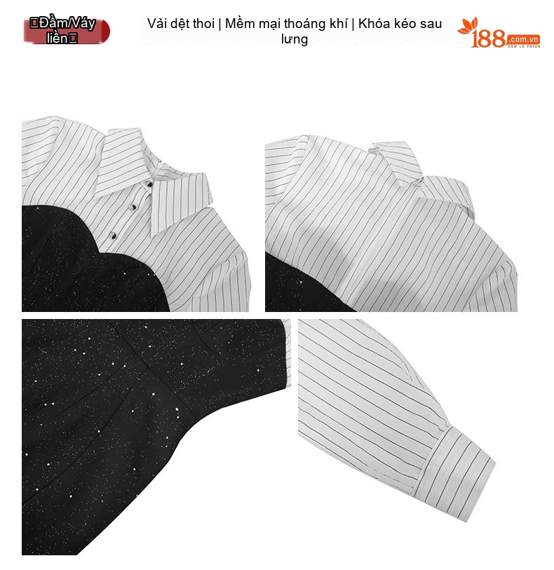Váy Ôm Body Nữ Cổ Sơ Mi Tay Dài Kẻ Sọc Đính Kim Sa Lấp Lánh Phong Cách Pháp chi tiết 3