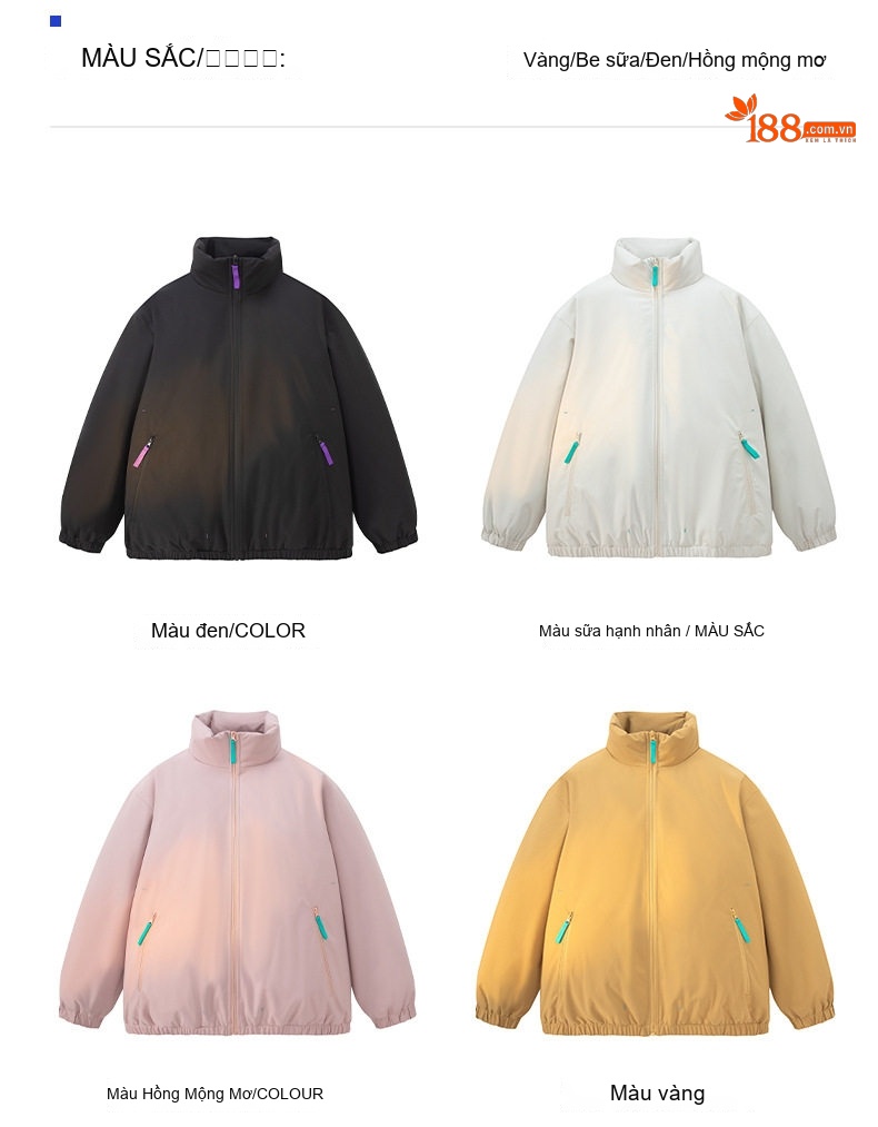 Áo Khoác Bông Lót Dày Cổ Trụ Có Logo Cotton Nam Nữ Unisex Màu Trắng, Đen, Vàng, Hồng chi tiết 6