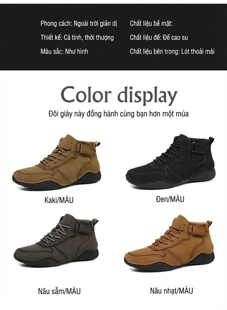 Giày Boot Nam Cổ Cao Dây Buộc Phong Cách Martin Chiều Cao Đế Khoảng 3cm Màu Nâu, Đen chi tiết 6