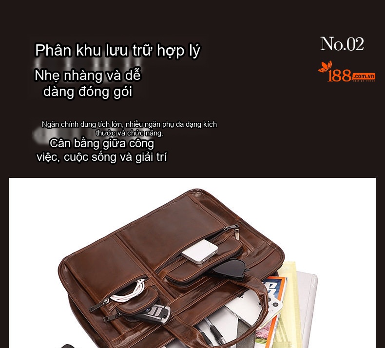 Túi Xách Tay Nam Da Bò Chống Nước Đựng Laptop 15.6 Inch Màu Nâu chi tiết 5