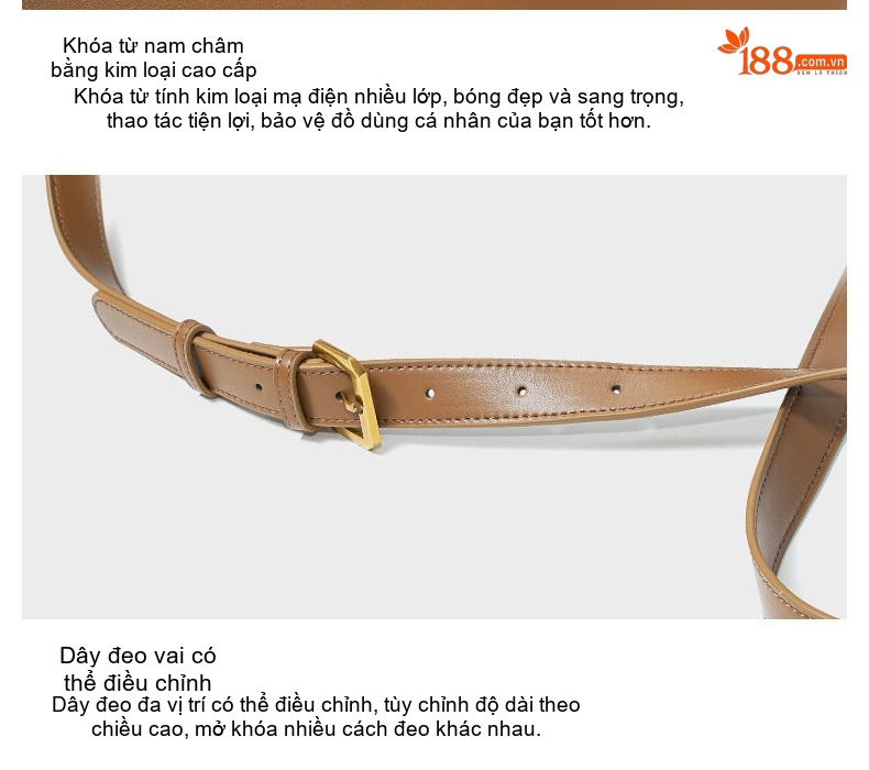 Túi Đeo Vai Nữ Da Bò Khóa Gài Cao Cấp, Túi Đeo Chéo Da Thật Màu Nâu, Đen, Kem, Xám chi tiết 25