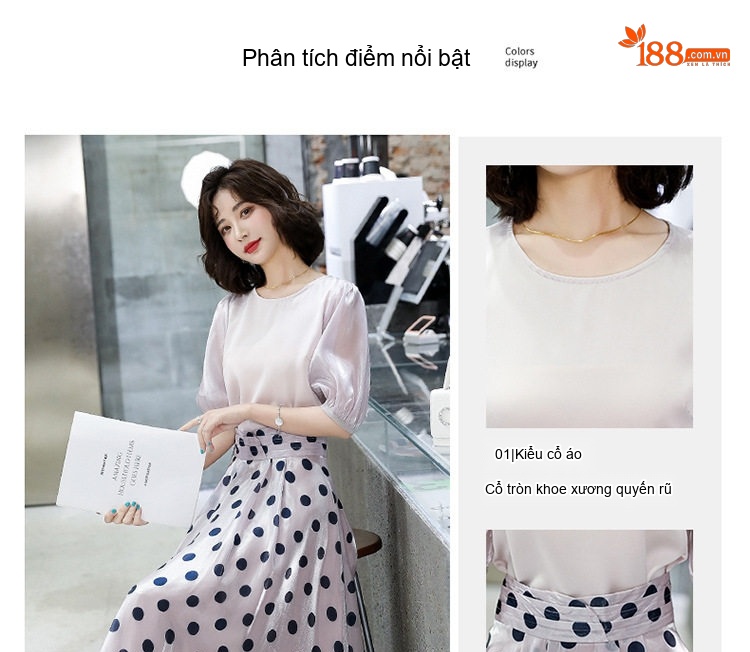 Set Bộ Áo Sơ Mi Tay Phồng Quần/Chân Váy Midi Họa Tiết Chấm Bi Phong Cách Hàn Quốc Màu Hồng, Đen chi tiết 4