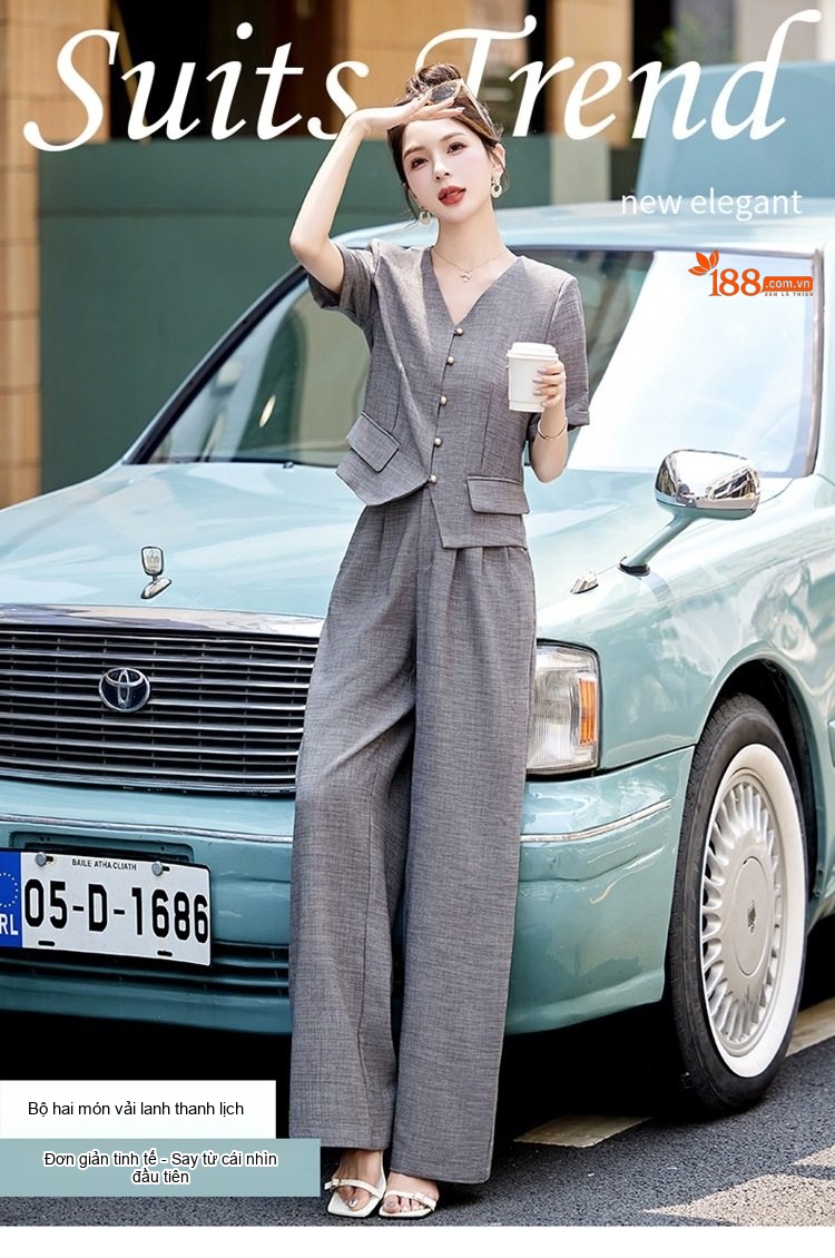Bộ Quần Áo Nữ Cotton Linen Thiết Kế Áo Vest Tay Ngắn Quần Ống Rộng Phong Cách Thanh Lịch Màu Be, Xám chi tiết 1