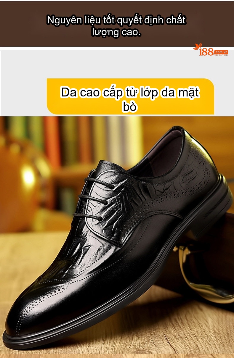 Giày Tây Buộc Dây Nam Da Bò Chiều Cao Đế Khoảng 3cm Màu Đen, Nâu chi tiết 4