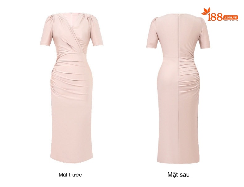 Váy Ôm Body Nữ Cổ chữ V Pháp Dáng Dài Tay Ngắn Thanh Lịch Màu Xanh, Hồng chi tiết 7