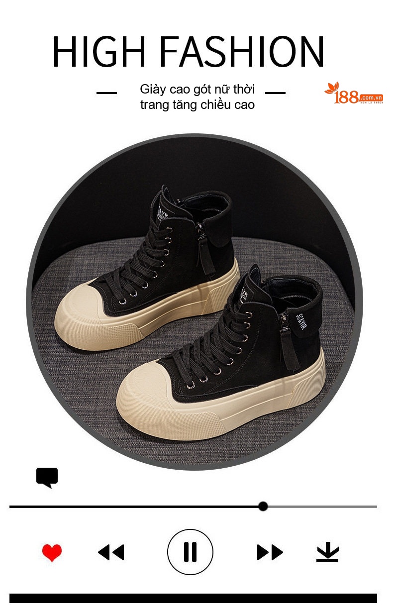 Giày Sneaker Nữ Cổ Cao Đế Dày Da Mờ Chiều Cao Đế Khoảng 4cm Màu Nâu, Kem, Đen chi tiết 6