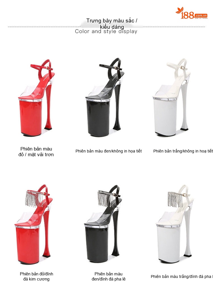 Giày Sandal Cao Gót Nữ Quai Trong Suốt Gót Trụ Đính Đá Gót Cao 26cm Màu Đen, Đỏ, Trắng... chi tiết 2