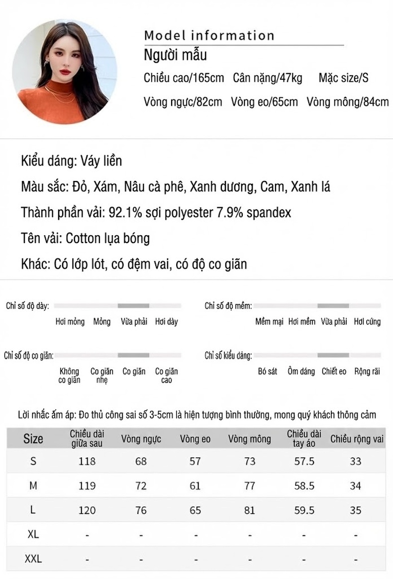 Váy Dài Tay Cổ Lọ Ôm Dáng Co Giãn Phong Cách Pháp Màu Đỏ, Xanh Dương, Xanh Lá, Cam, Đỏ Rượu chi tiết 2