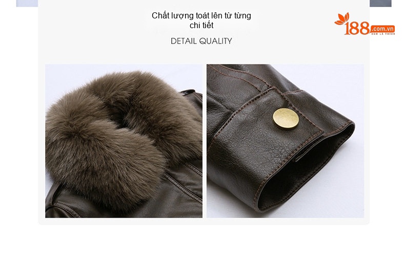 Áo Khoác Da PU Nữ Cổ Lông Dày Dặn Kiểu Bomber Màu Nâu, Trắng chi tiết 10