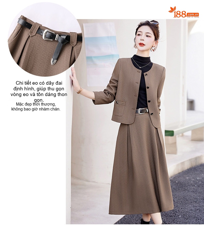 Set Áo Khoác Lửng và Chân Váy Dài Thanh Lịch Màu Nâu, Xám chi tiết 6