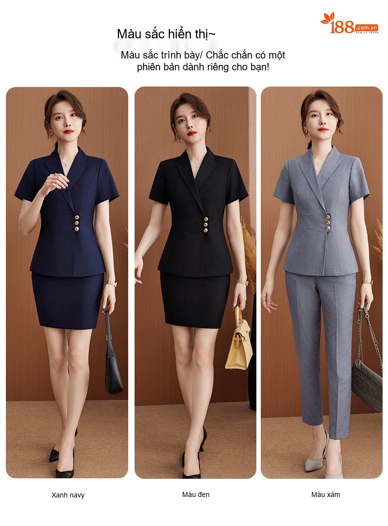 Bộ Vest Công Sở Nữ Tay Ngắn Áo Khoác Chân Váy Màu Đen, Xám, Xanh Navy chi tiết 7