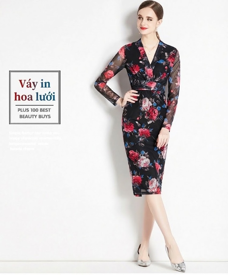 Váy liền thân Nữ Chữ V Cổ Dây Rút Lưới Mỏng Dáng Ôm In Hoa Phong Cách Pháp Cổ Điển Màu Cam, Hồng, Xanh, Đen... chi tiết 1