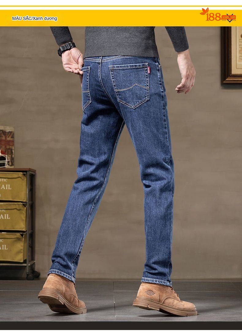 Quần Jean Nam Dáng Ôm Vừa, Ống Đứng, Co Giãn, Phong Cách Lịch Lãm Màu Xanh Denim chi tiết 15