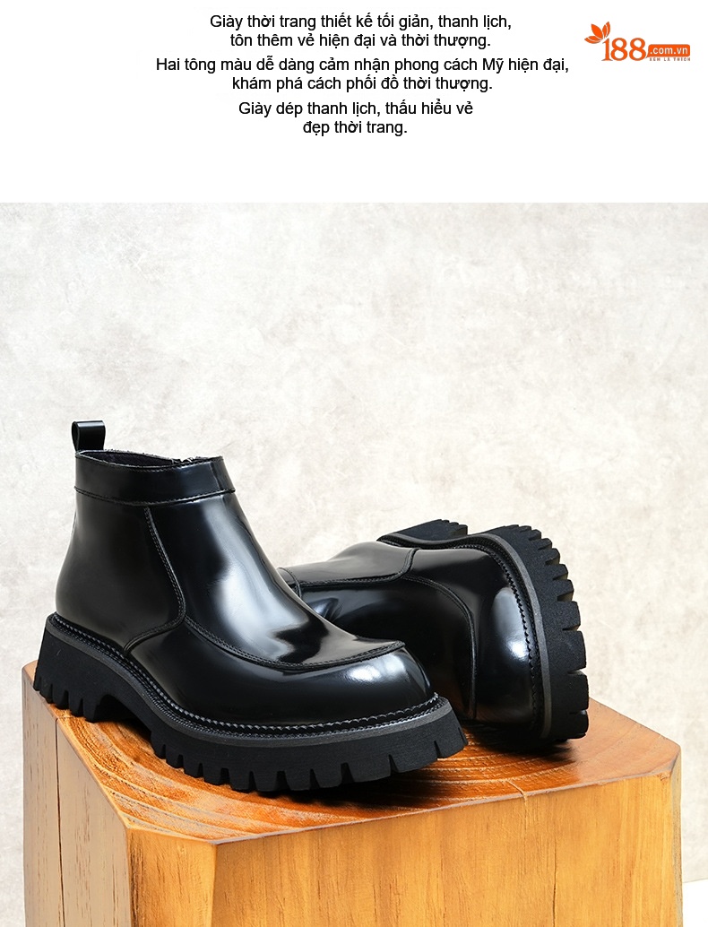 Boot Nam Cổ Cao Da Bóng Khóa Kéo Phong Cách Anh Quốc Chiều Cao Đế Khoảng 4cm Màu Đen chi tiết 2