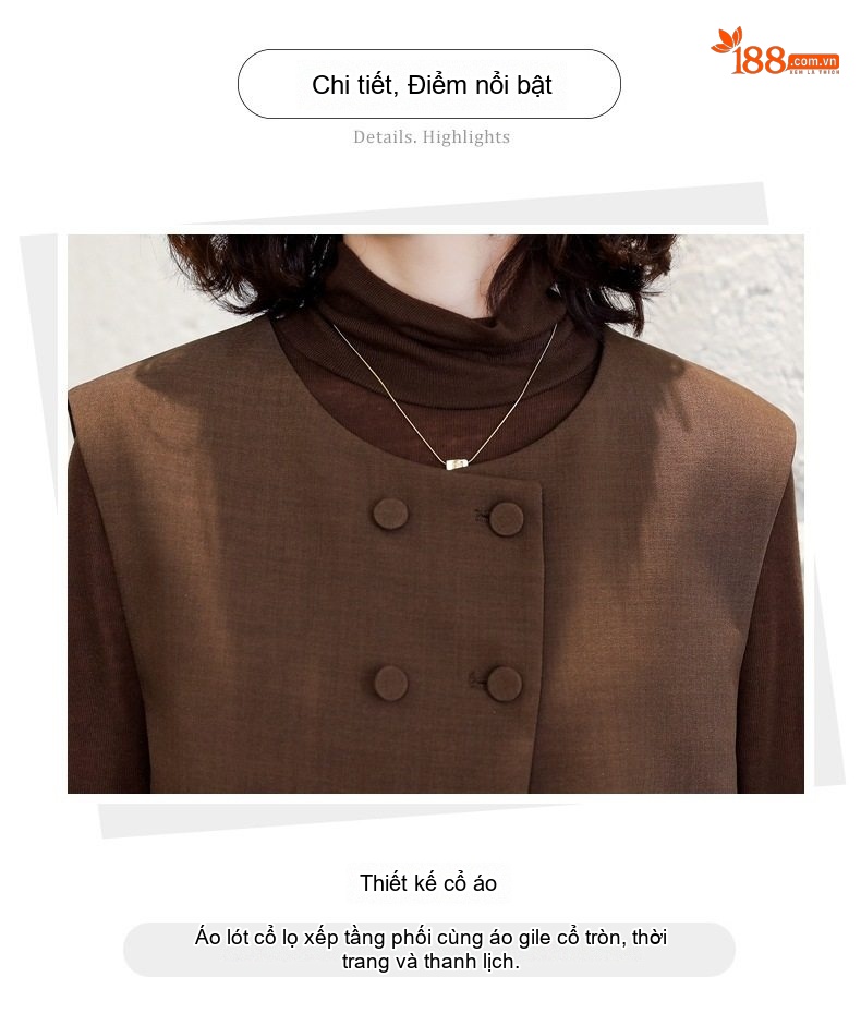 Váy Bộ Nữ Thu Đông Áo Gilet Khoác Lửng và Đầm Liền Thân Dài Tay Chất liệu Dệt Kim Màu Đen, Nâu chi tiết 7