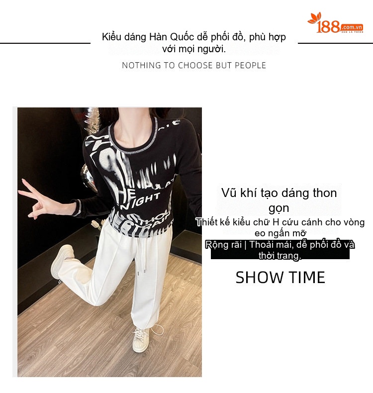 Set Bộ Nữ Áo Thun Tay Dài Quần Ống Rộng Cotton Phong Cách Casual Màu Đen, Trắng chi tiết 2