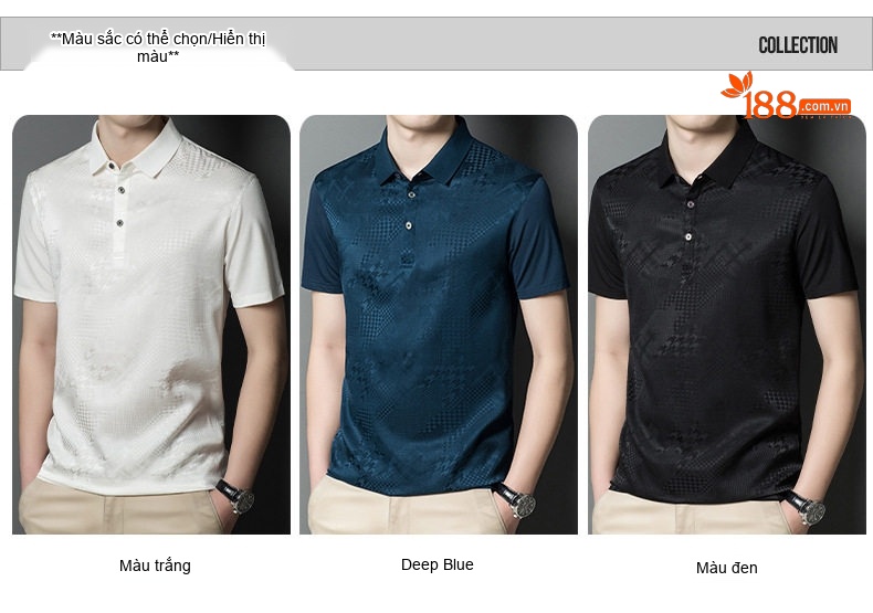 Áo Polo Nam Tay Ngắn Lụa Tơ Tằm Mỏng Nhẹ Họa Tiết Chìm Màu Trắng, Xanh, Đen chi tiết 6
