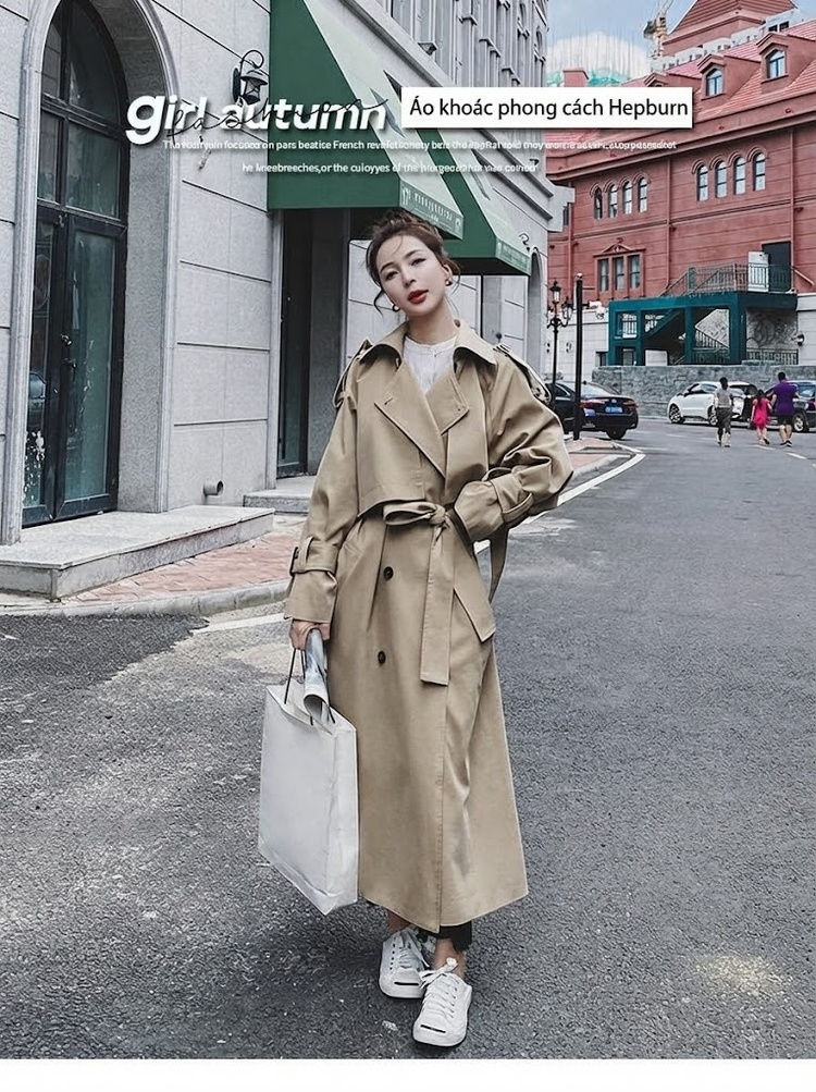Áo Khoác Trench Coat Nữ Dáng Dài Phong Cách Hàn Quốc Màu Be chi tiết 1