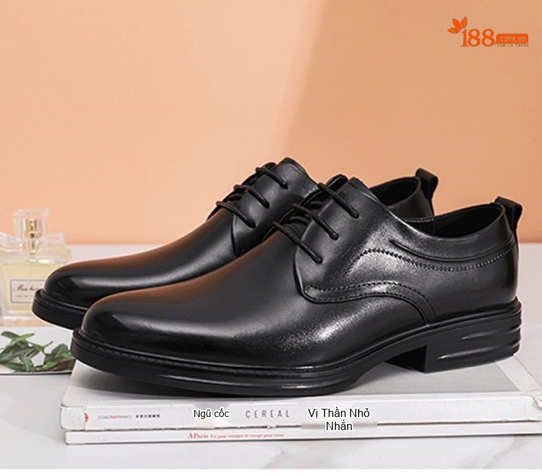 Giày Tây Buộc Dây Nam Da Bò Chiều Cao Đế Khoảng 3cm Màu Đen chi tiết 3