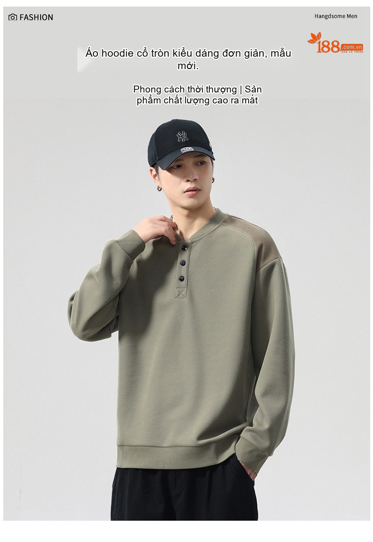 Áo Sweatshirt Tay Dài Cổ Henley Phong Cách Retro Mỹ Form Rộng Màu Đen, Xanh Olive, Đỏ Tía chi tiết 1