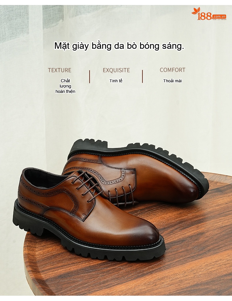 Giày Tây Buộc Dây Nam Da Bò Phong Cách Anh Quốc Chiều Cao Đế Khoảng 4cm Màu Nâu, Đen chi tiết 3