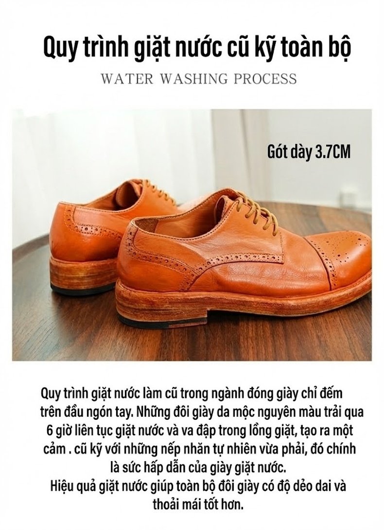 Giày Tây Buộc Dây Nam Da Thật Thủ Công Goodyear Chiều Cao Đế Khoảng 3cm Màu Nâu chi tiết 3