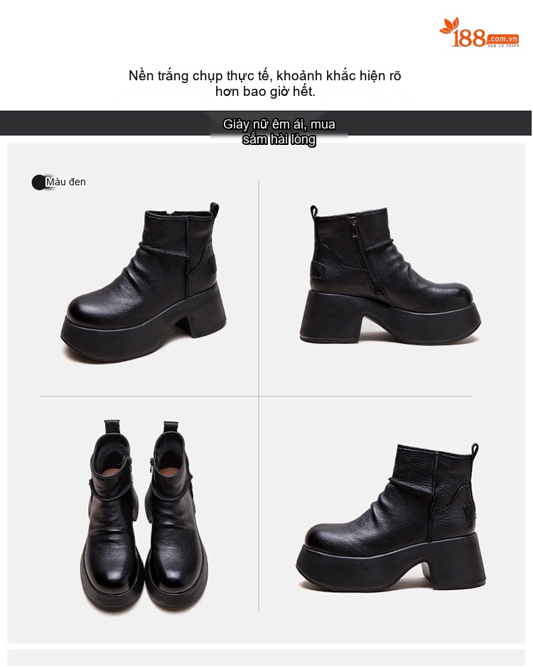 Boot Nữ Cổ Ngắn Da Bò Đế Xuồng Chiều Cao Đế Khoảng 6cm Phong Cách Retro Màu Đen, Nâu chi tiết 17