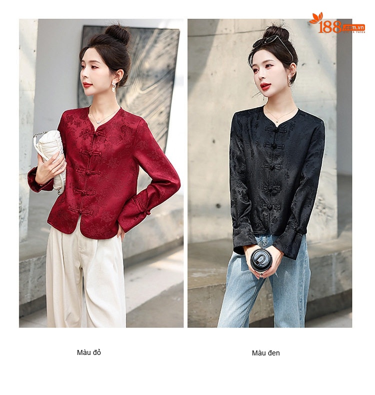 Áo Khoác Lửng Nữ Họa Tiết Jacquard Phong Cách Trung Hoa Cổ Điển Màu Đỏ, Đen chi tiết 11