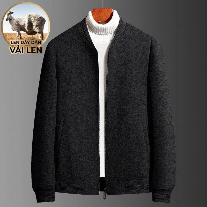Áo Khoác Bomber Nam 2021 Thu Đông Dáng Ôm Vải Woollen Màu Đen, Xám