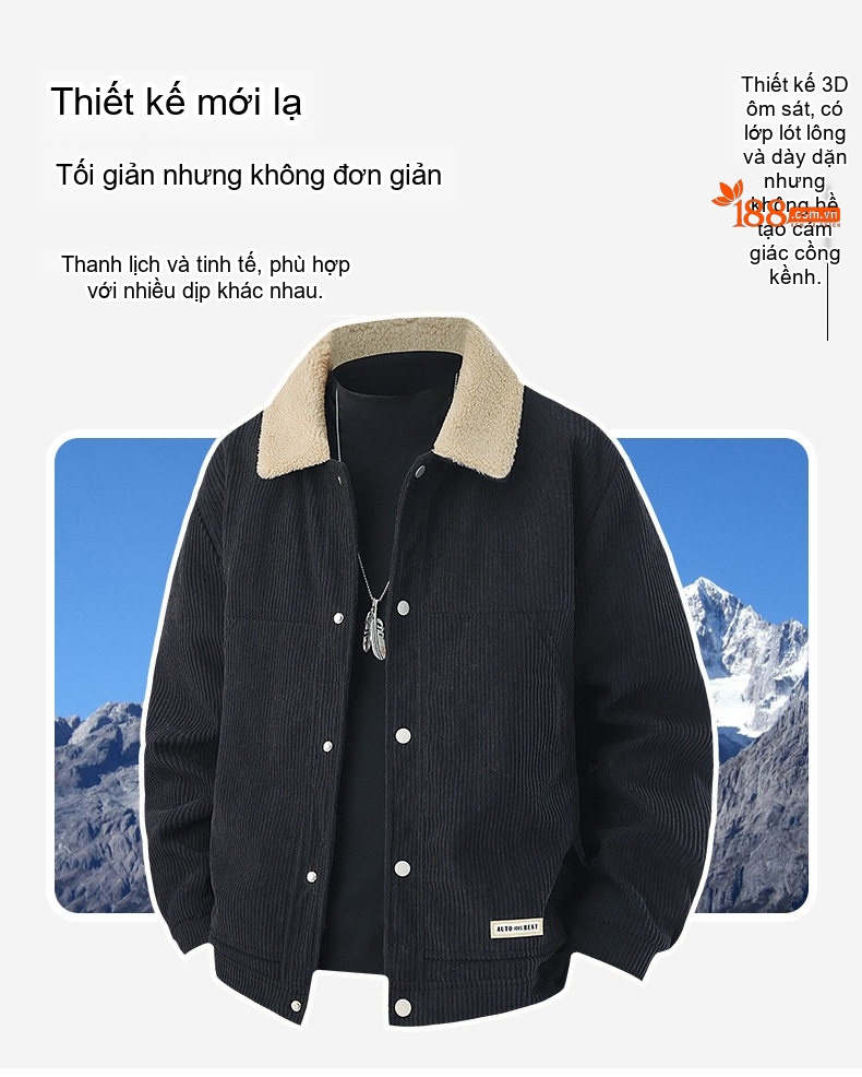 Áo Khoác Nam Cổ Bẻ Vải CORDUROY Dáng Bomber Màu Đen, Kem, Xanh Olive chi tiết 17
