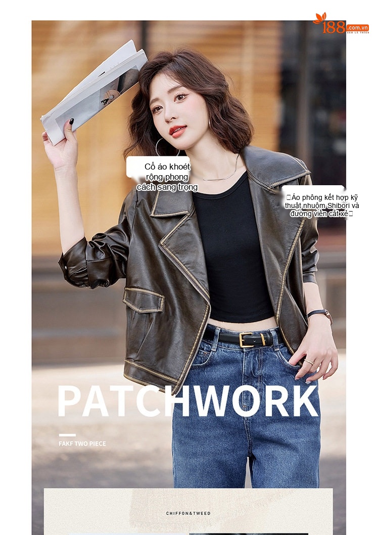 Áo Khoác Da Nữ Dáng Ngắn Phong Cách Moto Thời Trang Màu Đen, Nâu chi tiết 7