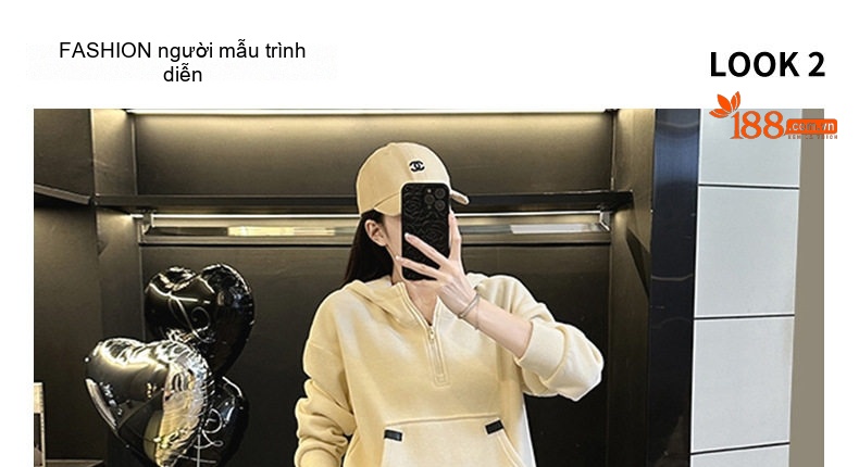 Bộ đồ thể thao nữ áo hoodie dáng rộng quần ống rộng lót lông chi tiết 11
