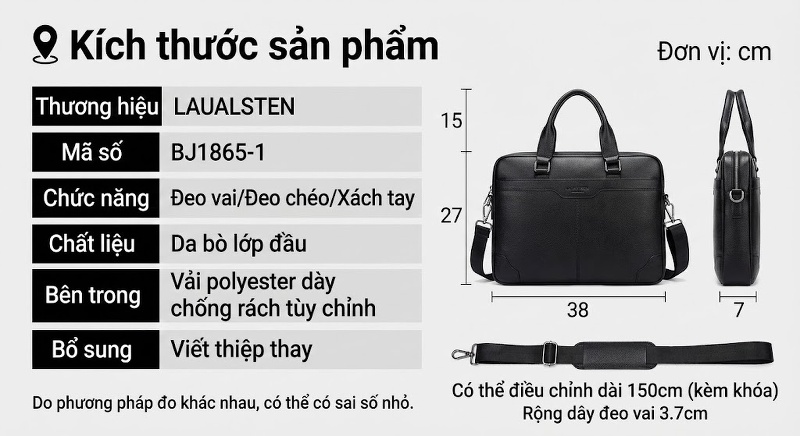 Cặp Túi Xách Công Sở Nam Da Bò Lớp Đầu Đựng Laptop, Túi Đeo Chéo Đựng Tài Liệu Màu Đen