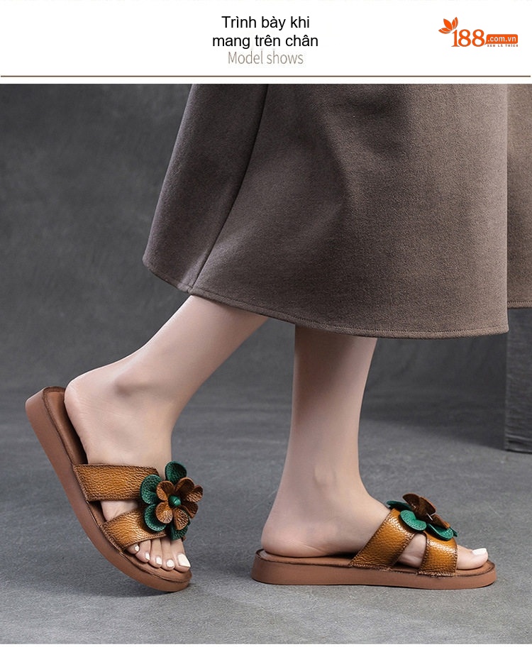 Dép Quai Ngang Nữ Da Bò Trang Trí Hoa Chiều Cao Đế Khoảng 2cm Màu Nâu, Trắng chi tiết 8