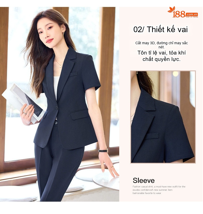 Bộ Vest Công Sở Nữ Tay Ngắn Quần/Chân Váy Màu Xám, Đen chi tiết 9
