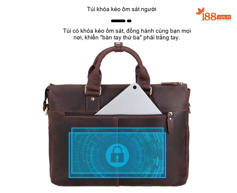 Cặp Công Sở Nam Da Bò Vân Retro Đựng Laptop Túi Xách Tay Đeo Chéo Màu Nâu Sẫm chi tiết 8