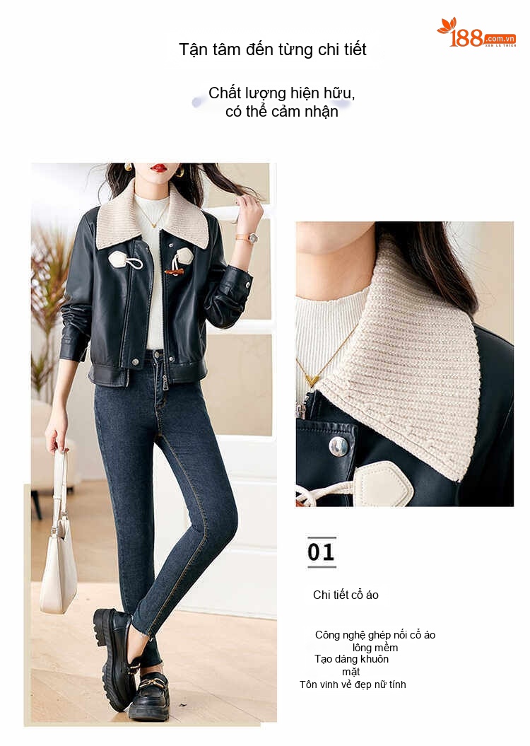 Áo Khoác Da Cừu Nữ Cổ Lông Dệt Kim Kiểu Hàn Quốc Màu Đen, Kem chi tiết 8
