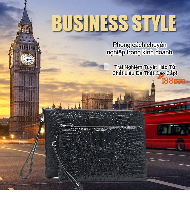 Túi Clutch Nam Da Bò Vân Cá Sấu Cầm Tay Đeo Chéo Đựng Tài Liệu Công Sở Màu Đen chi tiết 1