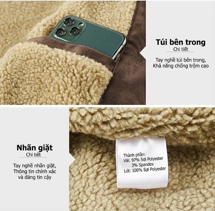 Áo Khoác Nhung Gân Tăm Nam Lông Cừu Non Dày Dặn Form Rộng Túi Hộp Màu Nâu, Vàng, Xám, Đen... chi tiết 28
