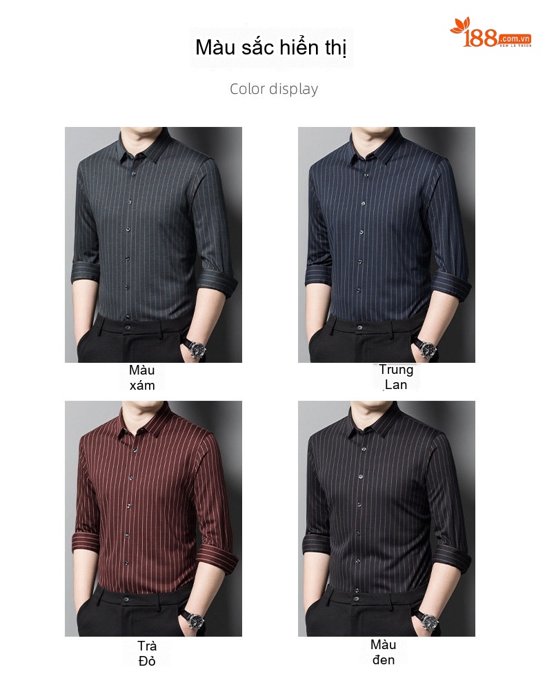 Áo Sơ Mi Nam Dài Tay Wool Kẻ Sọc Chống Nhăn Phong Cách Doanh Nhân Màu Đen, Đỏ chi tiết 3