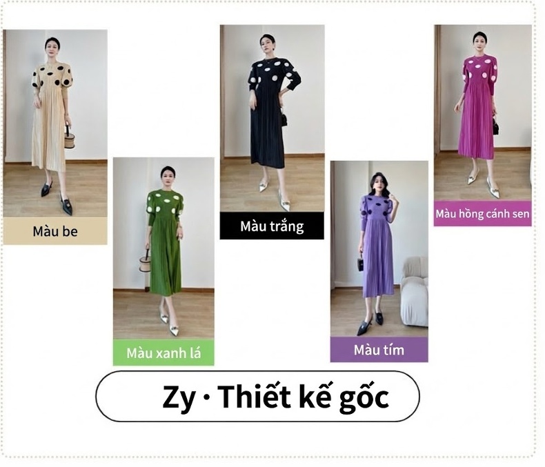 Váy Xòe Nữ Ly Nhún Họa Tiết Chấm Bi dáng chữ A Màu Tím, Xanh Lá, Đen, Vàng chi tiết 3