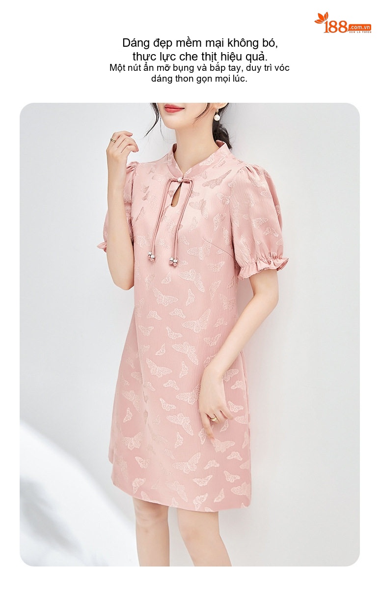 Váy Suông Nữ Họa Tiết Bướm Thêu Nổi Phong Cách Tân Cổ Điển Màu Hồng chi tiết 4