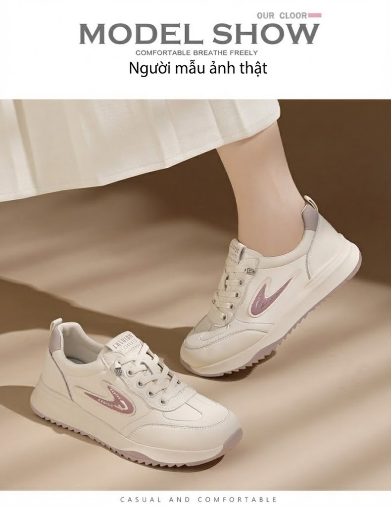Giày Thể Thao Nữ Da Thật Thoáng Khí Chiều Cao Đế Khoảng 3cm Màu Kem chi tiết 8