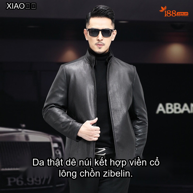 Áo Khoác Da Thật Da Dê Nam Lót Lông Vũ Cổ Lông Chồn Màu Đen