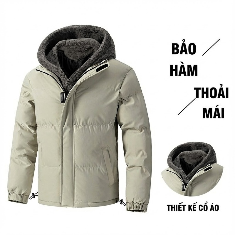 Áo Khoác Cotton Nam Mùa Đông Dáng Rộng Lông Cừu Non Dày Dặn Ngắn Tay Có Mũ Phong Cách Hàn Quốc Màu Be, Đen