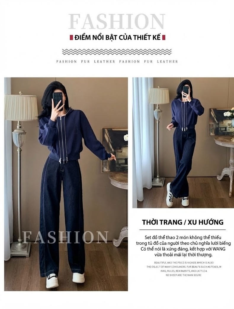 Bộ Quần Áo Thể Thao Nữ Áo Khoác Dáng Lửng Quần Ống Rộng Phong Cách Hàn Quốc Màu Xanh Navy chi tiết 1
