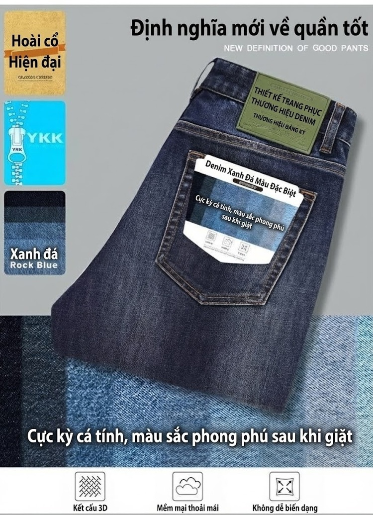 Quần Jean Nam Ống Đứng Co Giãn Vừa Vặn Phong Cách Retro Màu Xanh Denim chi tiết 29