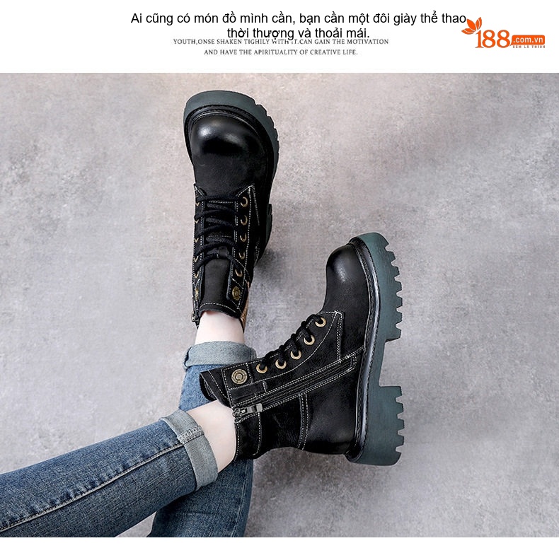 Boot Martin Nữ Da Bò Cổ Cao Đế Dày Phong Cách Retro Chiều Cao Đế Khoảng 5cm Màu Nâu, Đen, Đỏ... chi tiết 13