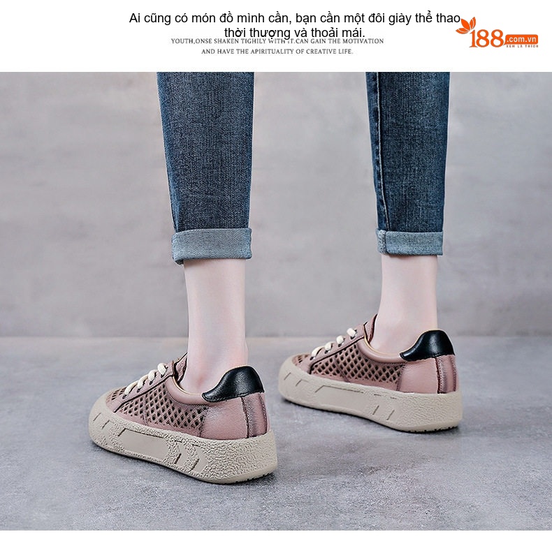 Giày Búp Bê Nữ Da Bò Lỗ Thoáng Khí Đế Bằng Đế Cao 3cm - 4cm Màu Kem, Hồng chi tiết 13