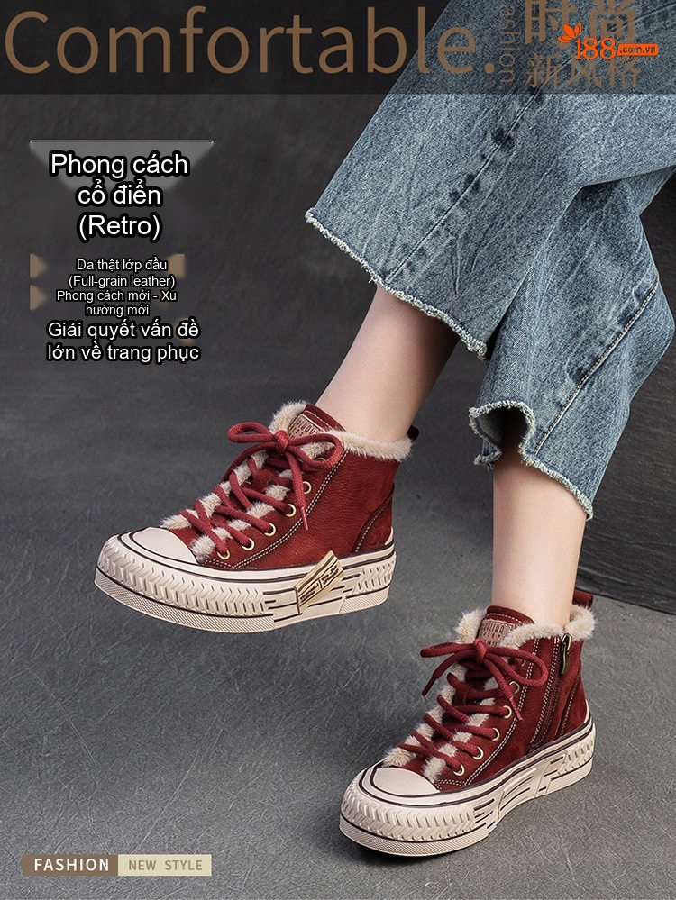 Giày Cao Cổ Nữ Lót Lông Giữ Ấm Chiều Cao Đế Khoảng 4cm Màu Đỏ, Nâu chi tiết 1